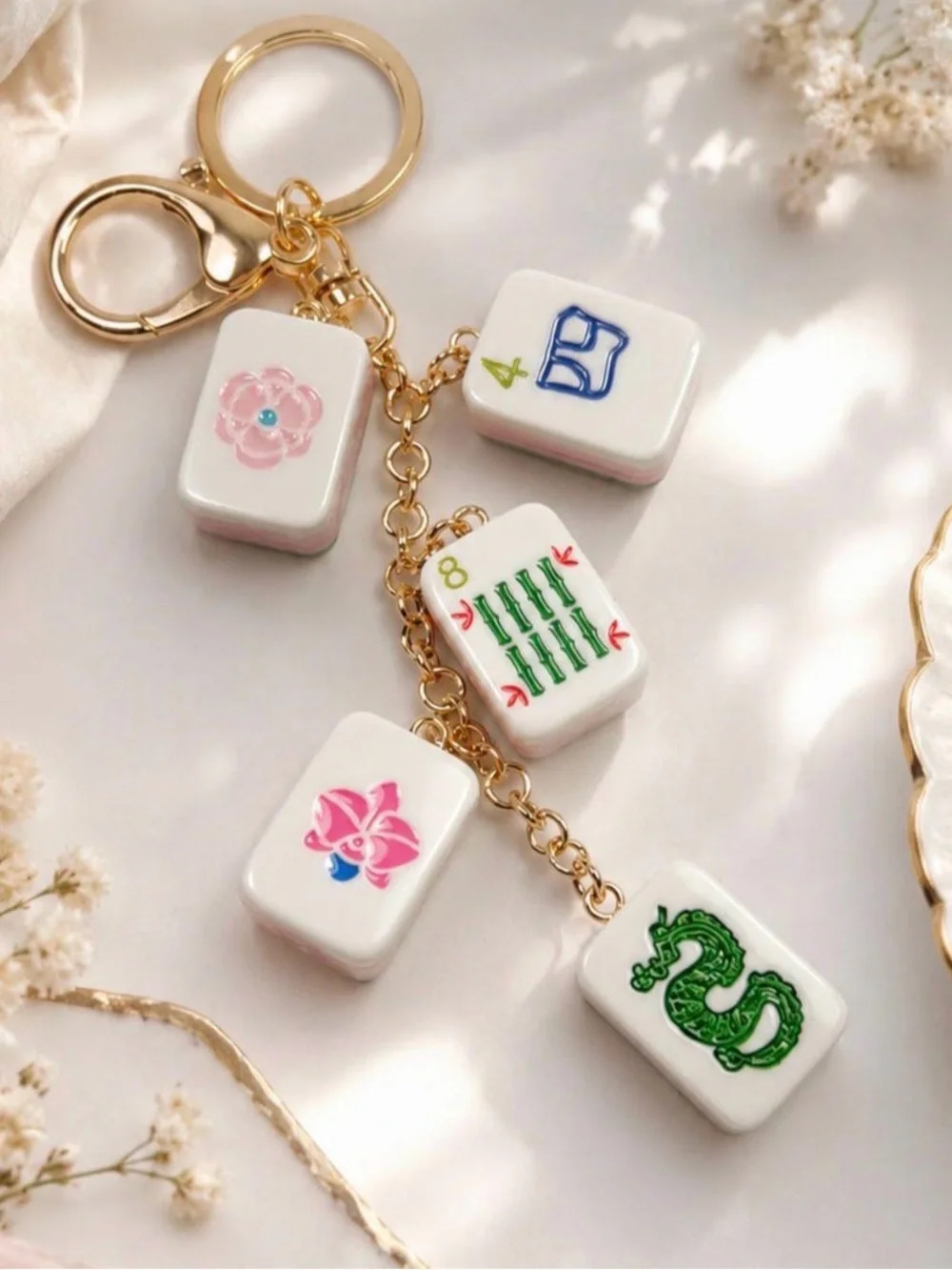 Gold Mahjong Tile Keychain with Pink & Green Accents